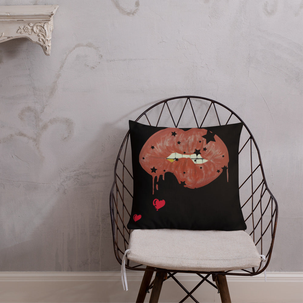 Red Bit Lip with gold tooth - Premium Pillow