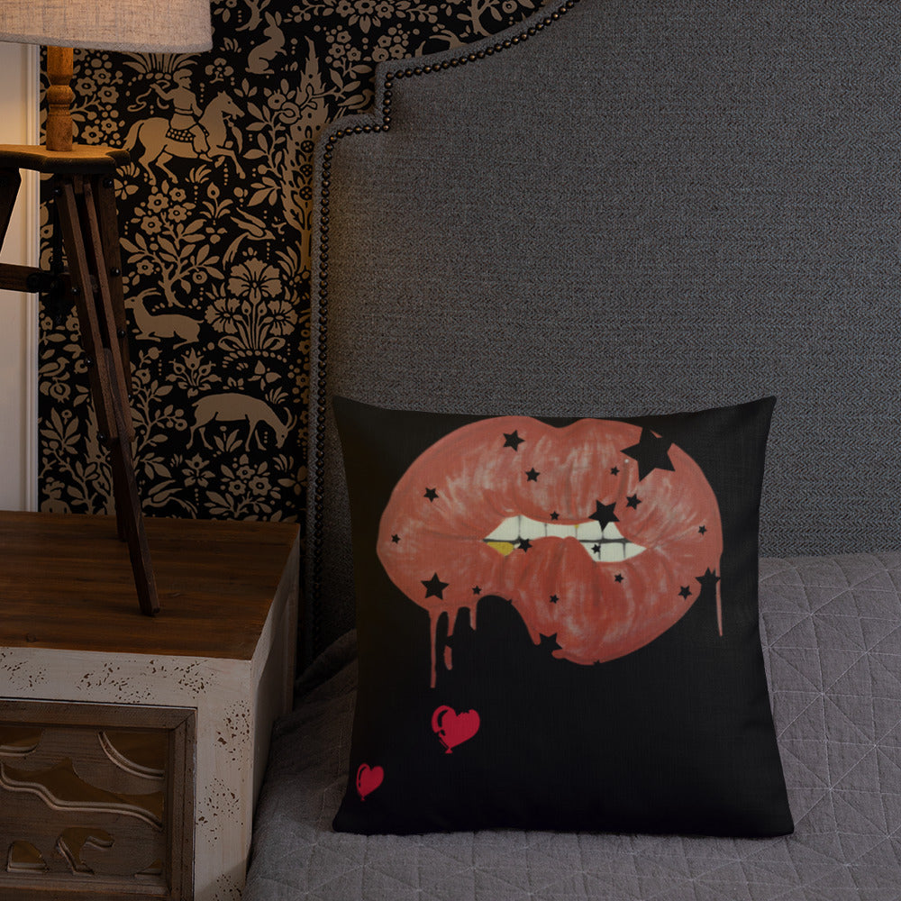 Red Bit Lip with gold tooth - Premium Pillow