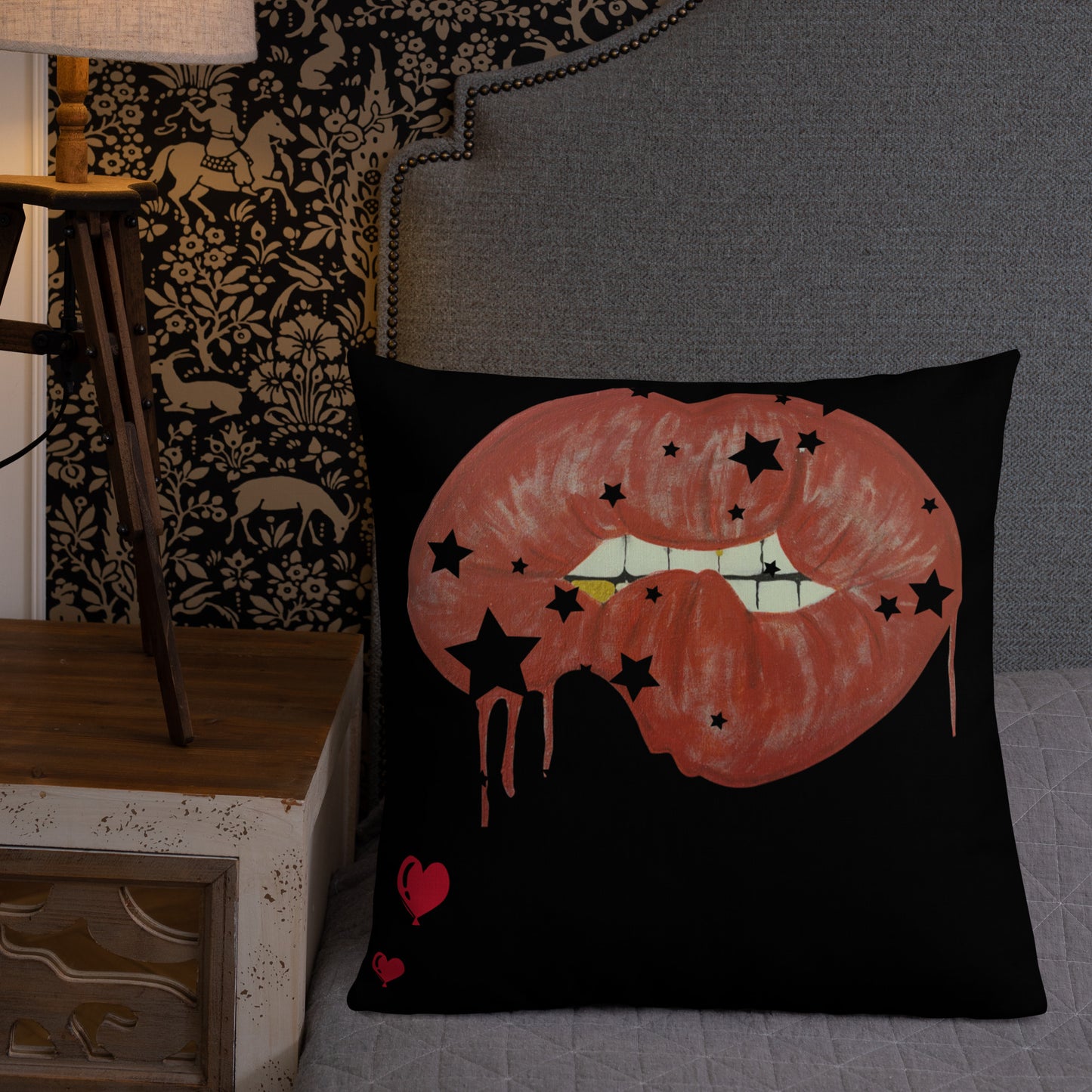 Red Bit Lip with gold tooth - Premium Pillow