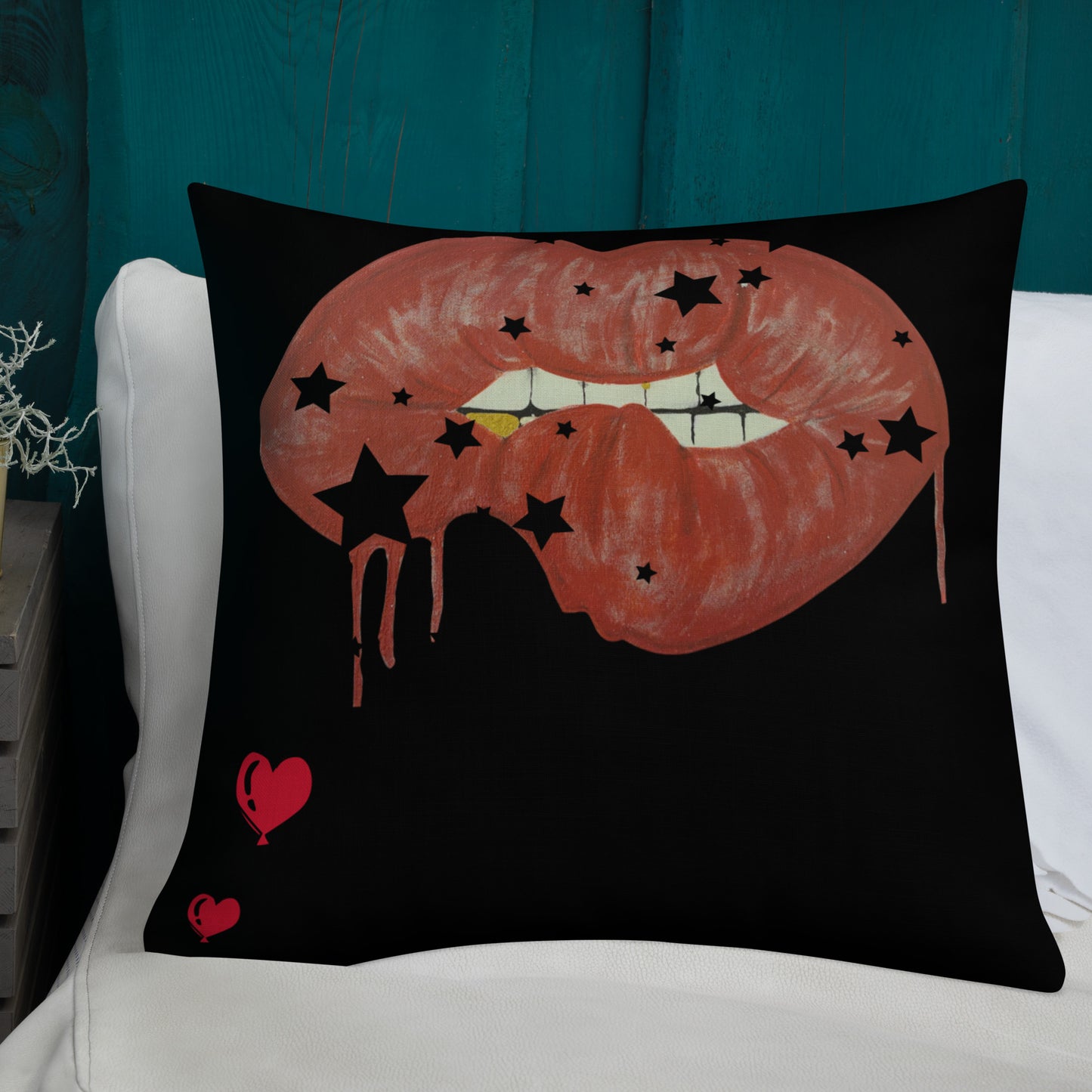 Red Bit Lip with gold tooth - Premium Pillow